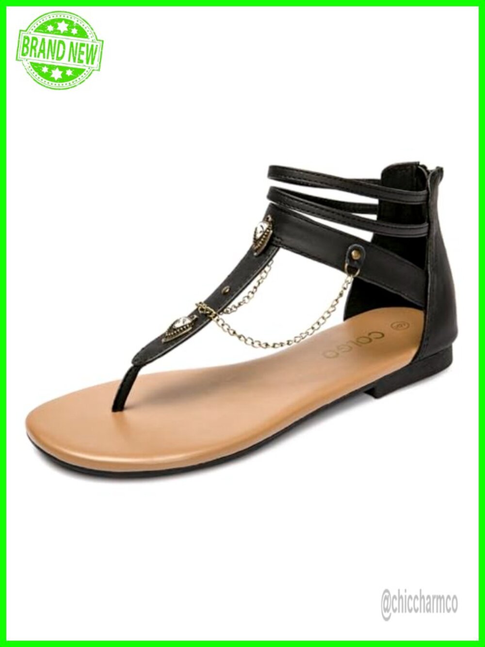 T-Strap Chain Flat Sandals with Zip Closure